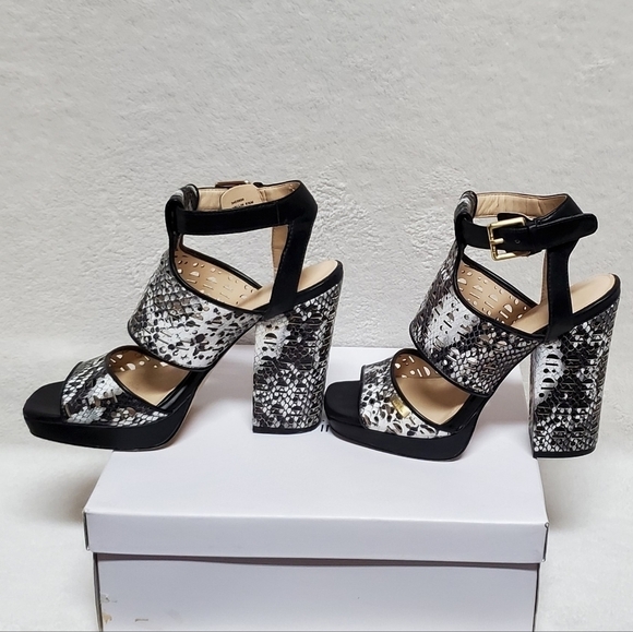 CALVIN Klein Vallin Black White Snakeskin Laser Strap Platform Block Heel Sandal - Picture 5 of 16